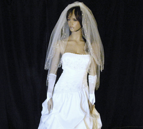 UK 2 Tier Bridal Wedding Veil - silver thread with Pearl Bead Hip Length White