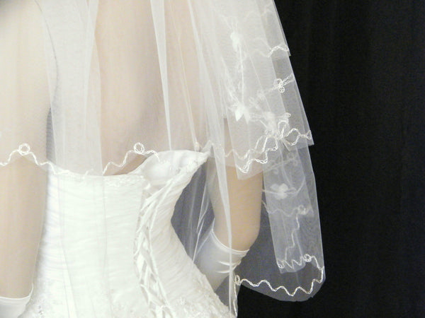UK 2 Tier Bridal Wedding Veil With beaded ribbon bow - Waist Length-Ivory