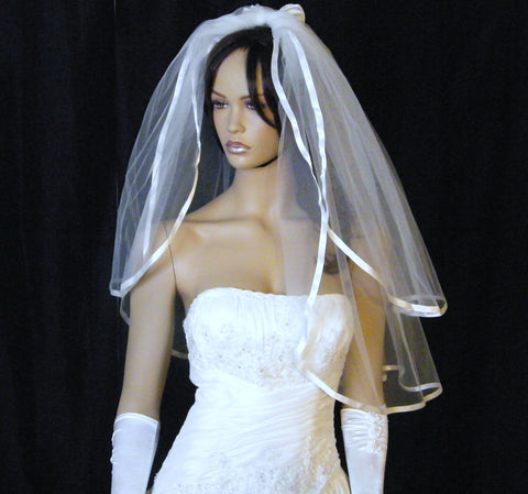 UK 2 Tier Bridal Wedding Veil - Ribbon Trim Waist Length