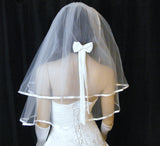 UK 2 Tier Bridal Wedding Veil - Ribbon Trim Waist Length