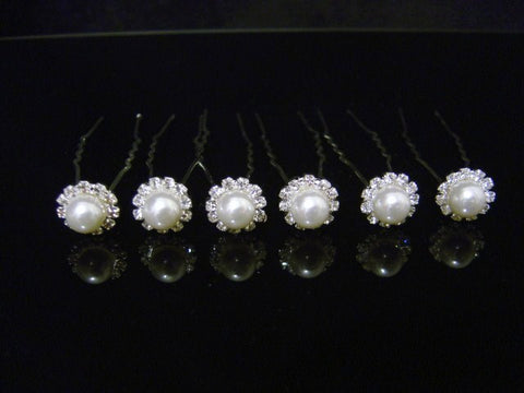 UK- 6 White Crystal and Faux Pearl Bridal Tiara Wedding Prom HAIR PIN SL0633