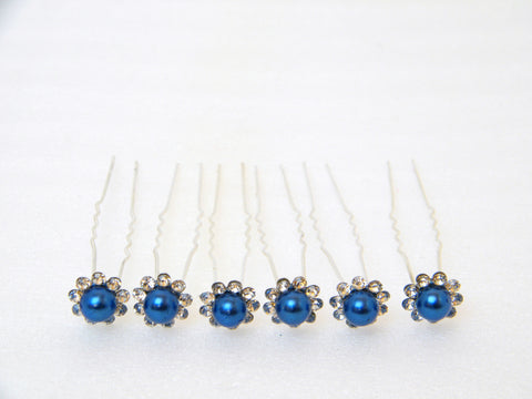 UK - 6 Crystal Mock Blue Pearl Bridal Tiara Wedding Prom HAIR PIN 0633 Blue