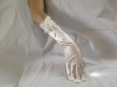 JessicaLove 15" Satin Bridal wedding Opera fancy dress Gloves elbow length finger - Ivory