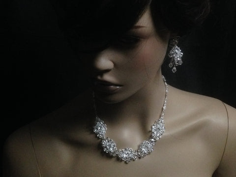 UK-Womens Accessories White Crystal Bridal Wedding Prom necklace sets - SR3187