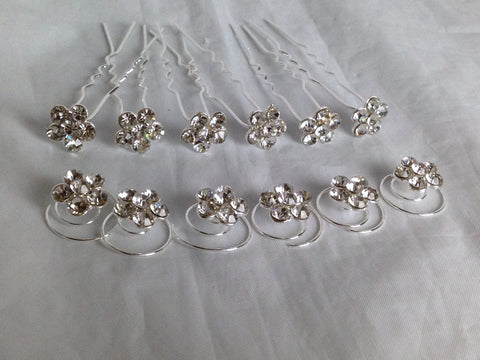 UK 6 Diamante Crystal Twister SILVER HAIR PINS Bridal Tiara Wedding Prom SR2055b