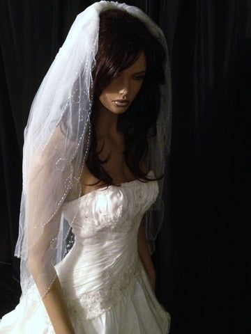 UK 3 Tier Bridal Wedding Veil - Handsewn Beads and Sequins Hip length white